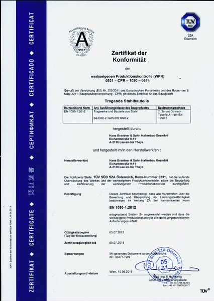 Brantner Hallenbau Zertifikat EN1090-2